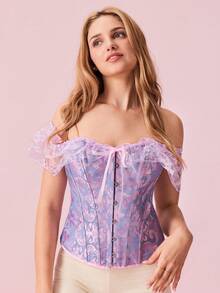 提花蕾絲碎花交叉帶修身上衣 - 紫丁香色 - 查看 4