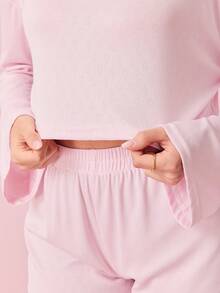 Bonmuse 2 Pieces Soft & Stretchy Knit Blended Long Sleeve Top And Shorts Lounge Set For Women, Cozy Outfits, Fall Winter Clothesfor Summer - Pink - View 7