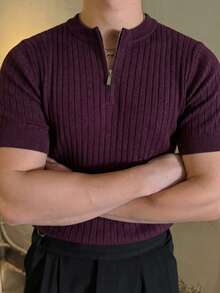 DAZY Burgundy Short Sleeve Half-Zip Knit Sweater For Men Summer - Burgundy - View 6
