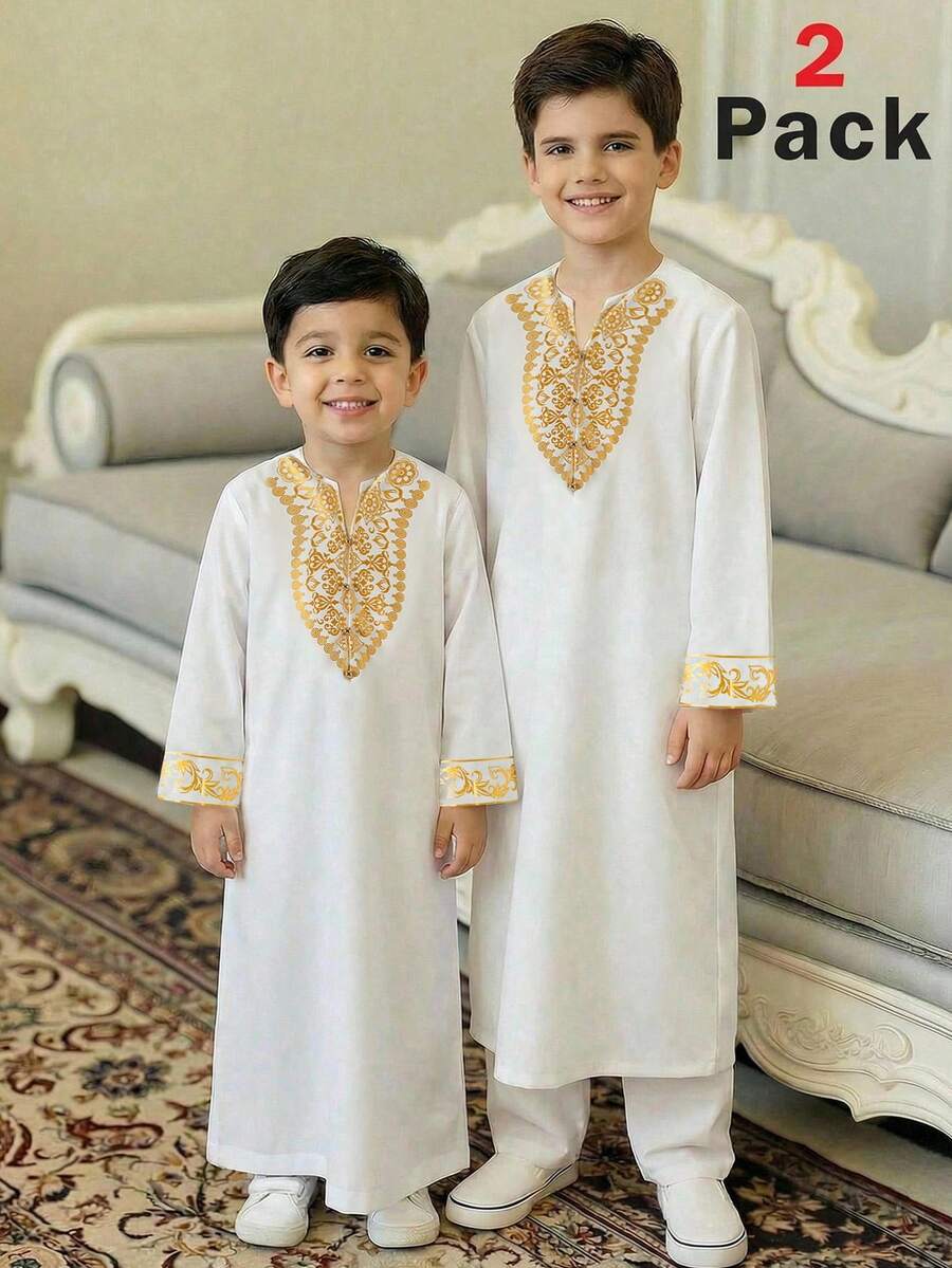 SHEIN Tween Boy Coordinated Casual Mandarin Collar Long Sleeve Shirt And Pants 2 Pieces Set