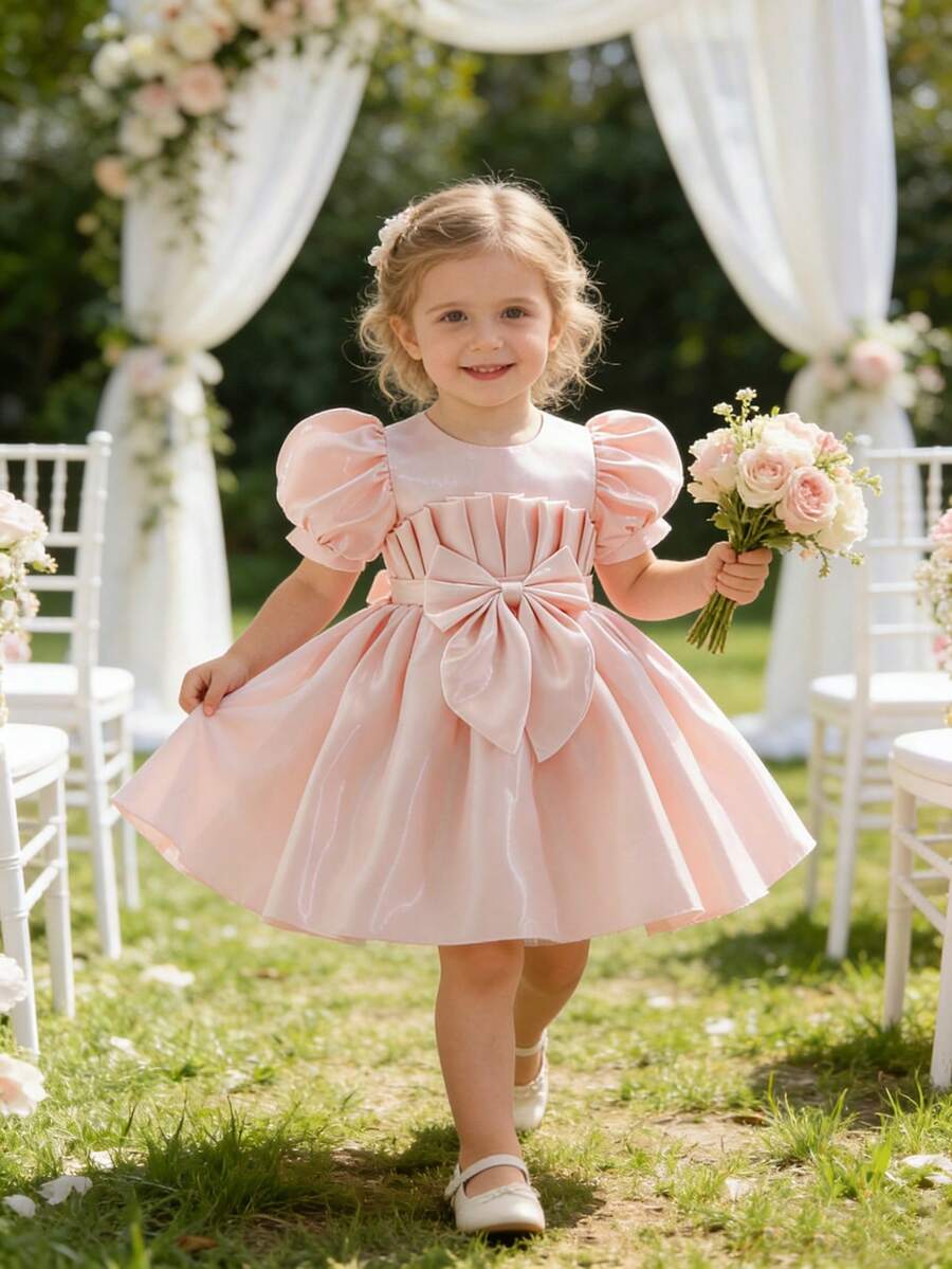 Glamorique Kids 女婴缎面优雅连衣裙,腰部系带蝴蝶结,圆领花瓣袖蓬蓬公主裙,适合所有季节 - 粉色 - 查看 1