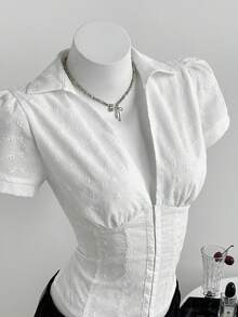 Elamini Women's Shirt, Embroidered Fabric, Fitted Waist, Deep V-Neck, White Women's Shirts For Summer Women's Work Tops Women's Work Clothes For The Office Working Blouse Work Outfits Women - White - View 7