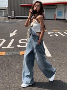 DAZY 女式复古直筒牛仔连体裤和背带裤，夏季工装裤 - 藍色 - 查看 4
