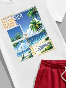 VIVINTIMO Conjunto de camiseta con estampado tropical y pantalones cortos tejidos para hombre - Multicolor - Ver 3