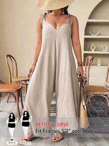 SHEIN PETITE CURVE 大码女式卡其色编织V领系带宽松纹理休闲连体裤，轻松夏日度假风 - 卡其色 - 查看 4