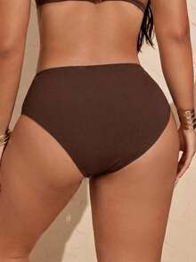SHEIN Swim Vcay 大码女式纯色褶皱三角泳裤 - 棕色 - 查看 2
