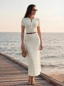 Briarwyn 女士度假休闲纯色镂空针织连衣裙，罩衫，白色连衣裙，沙滩裙，女士度假装，假日连衣裙，乡村风女士夏季服装，女士夏季钩针连衣裙，女士白色长款连衣裙，女士Polo衫连衣裙，女士腰带连衣裙，白色连衣裙，毕业典礼服装，毕业典礼 - 白色 - 查看 1