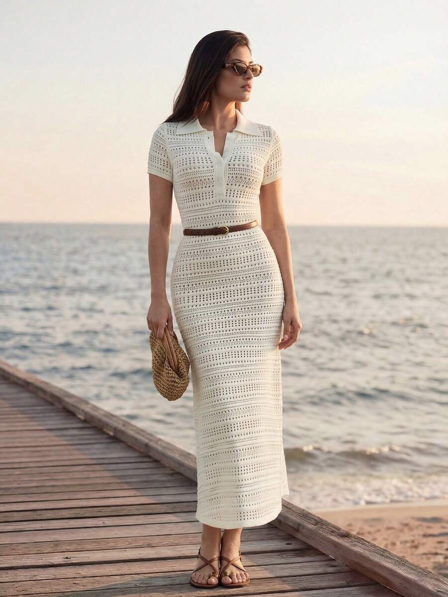 Briarwyn 女士度假休闲纯色镂空针织连衣裙，罩衫，白色连衣裙，沙滩裙，女士度假装，假日连衣裙，乡村风女士夏季服装，女士夏季钩针连衣裙，女士白色长款连衣裙，女士Polo衫连衣裙，女士腰带连衣裙，白色连衣裙，毕业典礼服装，毕业典礼 - 白色 - 查看 1