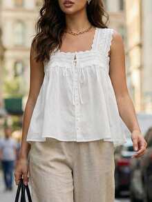 GlowEve CURVE Áo kiểu Pháp cỡ lớn dành cho nữ, màu trắng, phối ren, cổ vuông, không tay, dáng rộng, khoét lỗ, dễ thương, thanh lịch, thích hợp cho mùa xuân/hè. - trắng - Xem 6