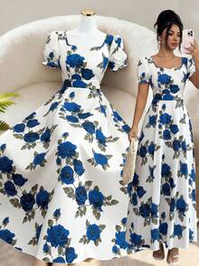 SHEIN Elenzya 女士花卉玫瑰印花方领褶皱A字泡泡袖优雅日常/度假/通勤时尚情人节约会法式街头复古百搭派对白色底红色玫瑰印花早春/春夏短袖中长连衣裙 - 寶藍色 - 查看 9