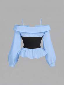 SHEIN MOD Áo kiểu trễ vai màu đen trắng thanh lịch dành cho nữ cỡ lớn, thời trang tối giản, trang phục thường ngày, dịp năm mới, thời trang đường phố, áo sơ mi công sở, áo tay dài, trang phục nữ đón năm mới, áo kiểu thanh lịch, phong cách Gothic, áo đi chơi, áo dự tiệc. - Màu xanh lam - Xem 2