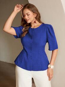 Roveilla Blusa feminina plus size de cor sólida, cor castanha, com nó de bambu, decote redondo, cintura marcada, modelagem evasê, abertura frontal e botões. Elegante, com estilo retrô francês, perfeita para o escritório, trabalho, lazer, chá da tarde, estilo urbano, minimalista e versátil. Novidade da coleção primavera/verão. - Azul Real - Ver 5