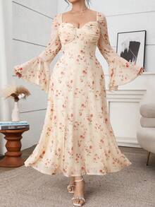 Feyla Plus Size Women Floral Print Sweetheart Neck Flare Sleeve Elegant Dress Formal Wedding Guest Pink Autumn Fall - Multicolor - View 10