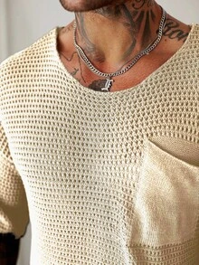 Manfinity Homme 男士纯色圆领口袋休闲日常针织上衣 - 杏色 - 查看 3