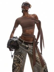 LYSMO Áo kiểu nữ mùa hè, cổ lệch, kẻ sọc, thắt nơ phía trước, khoét lỗ. - Cà phê nâu - Xem 7