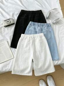 SHEIN 少女夏季三件套沙滩波西米亚休闲装，黑白浅蓝宽松牛仔长款短裤，斜插口袋设计，夏季百慕大短裤，夏季度假音乐会狂欢节两件套，适合夏季休闲、学校、校园、大学等场合，春夏波西米亚风，复古/海滩/海洋/优雅毕业季，休闲连体裤，夏季假期，春季服装，海滩，度假，情人节，暑假，海滩假期，毕业返校季 - 彩色 - 查看 2