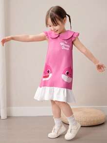 BABY SHARK X SHEIN 1 chiếc váy ngắn tay cổ Peter Pan kiểu dáng dễ thương cho bé gái - Hồng - Xem 5