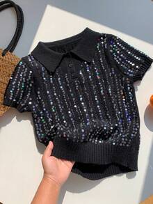 Comfortcana Women's Black Sequin Embellished Knit Top - Black - View 6