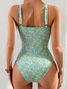 Swim Mod Women's Floral Print Ruched One-Piece Swimsuit For Vacation - Mint Green - View 2