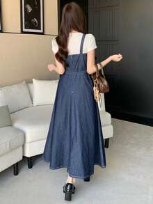 FRIFUL Vestido de peto de mezclilla casual con tirantes ajustables para mujer, de verano - Azul - Ver 5