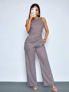 SOLERSUN Women's Chic Striped Asymmetrical Shoulder Twist Asymmetrical Hem Blouse & Wide Leg Pants With Pockets For Daily & Office, Striped Asymmetrical Two Pieces Set - Brown - View 6