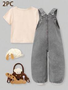 SHEIN Playful Pals 两件套女婴印花连体衣套装，短袖碎花上衣，可爱套装，适合户外玩耍和日常穿着 - 灰色 - 查看 2