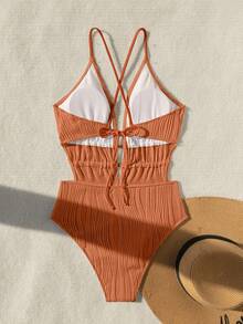 Swim Vcay Costum de baie dintr-o singură piesă pentru femei, cu volane, culoare uni, potrivit pentru vacanțe la plajă, petreceri la piscină, petreceri pe plajă - Portocale - Vizualizare 5