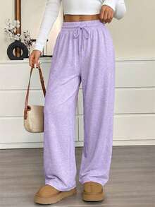 CovetEZ Plus Size Solid Color Drawstring Waist Loose Wide Leg Sweatpants - Purple - View 5