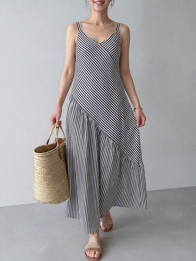 EMERY ROSE Vestido Casual Feminino com Listras e Bainha Assimétrica, Verão