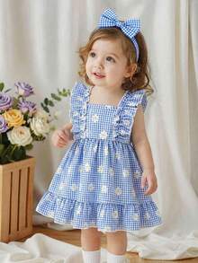 SHEIN Newborn Baby Girls' Summer Dress In Dusty Blue,Cute Floral Gingham Plaid Knit Outfit,Ruffle Hem Sleeveless Waisted Dress Headband Set Vacation Cute - Multicolor - View 6
