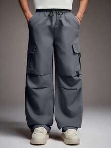 STYNVO Men's Solid Color Cargo Pocket Pleated Wide Leg Casual Pants - Grey - View 3