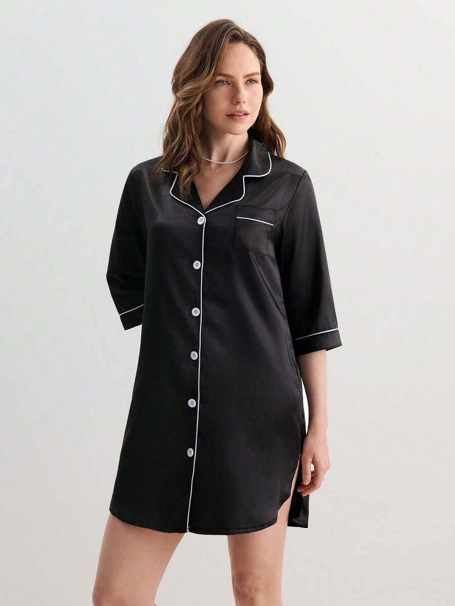 Hourtrue Ladies Contrast Piping Loose Shirt Nightgown, Fall, Winterfor Summer - Black - View 1