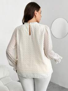 Enliva Plus Size Women's White Swiss Dot Print Long Sleeve Shirt,Elegant Formal Summer Blouse For Apple And Rounded ,Casual Commuter Spring Tops - Apricot - View 3
