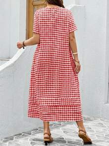 EMERY ROSE Plus Size Plaid Minimalist Daily Wear Round Neck Short Sleeve Dress - Red - View 2