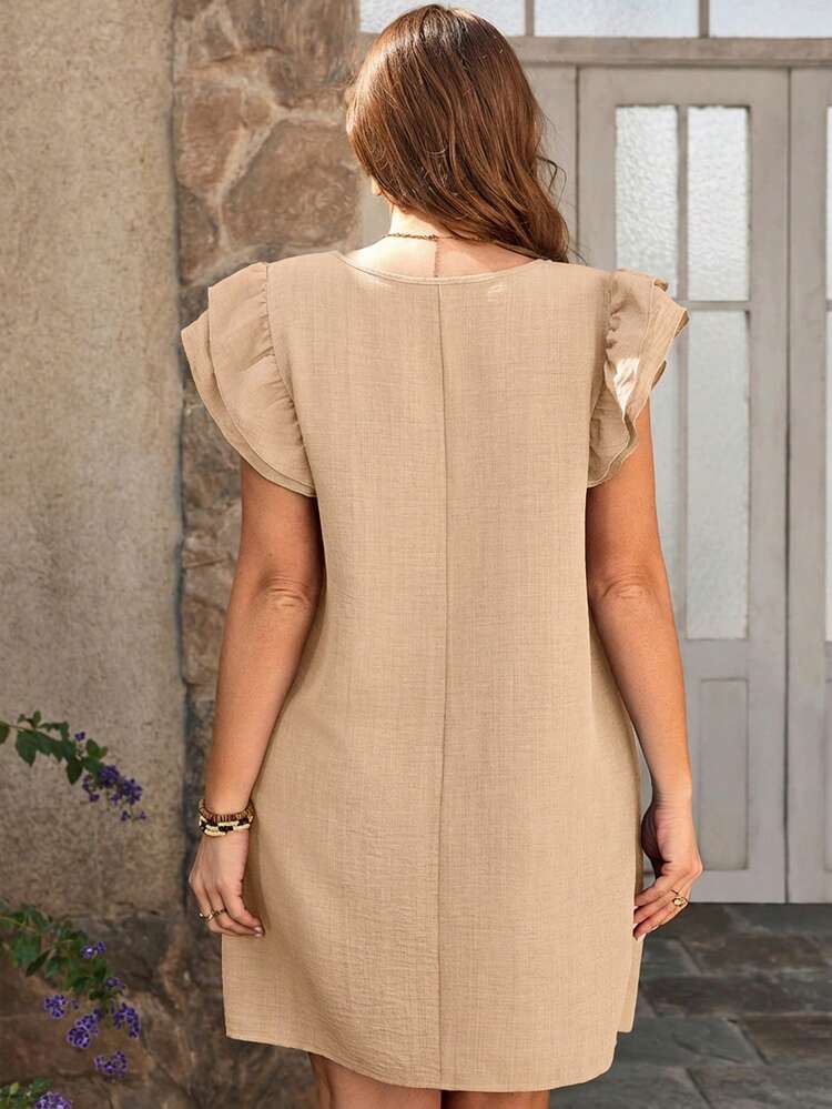 Plus Size Solid Color Round Neck Cap Sleeve Ruffle Hem Loose Casual Summer Dress