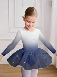 SHEIN Léotard imprimé avec strass pour jeunes filles, robe de ballet en tulle pour l'école/la compétition, jupe bouffante à paillettes mignonne, justaucorps de danse pour enfants - Bleu marine - Voir 5