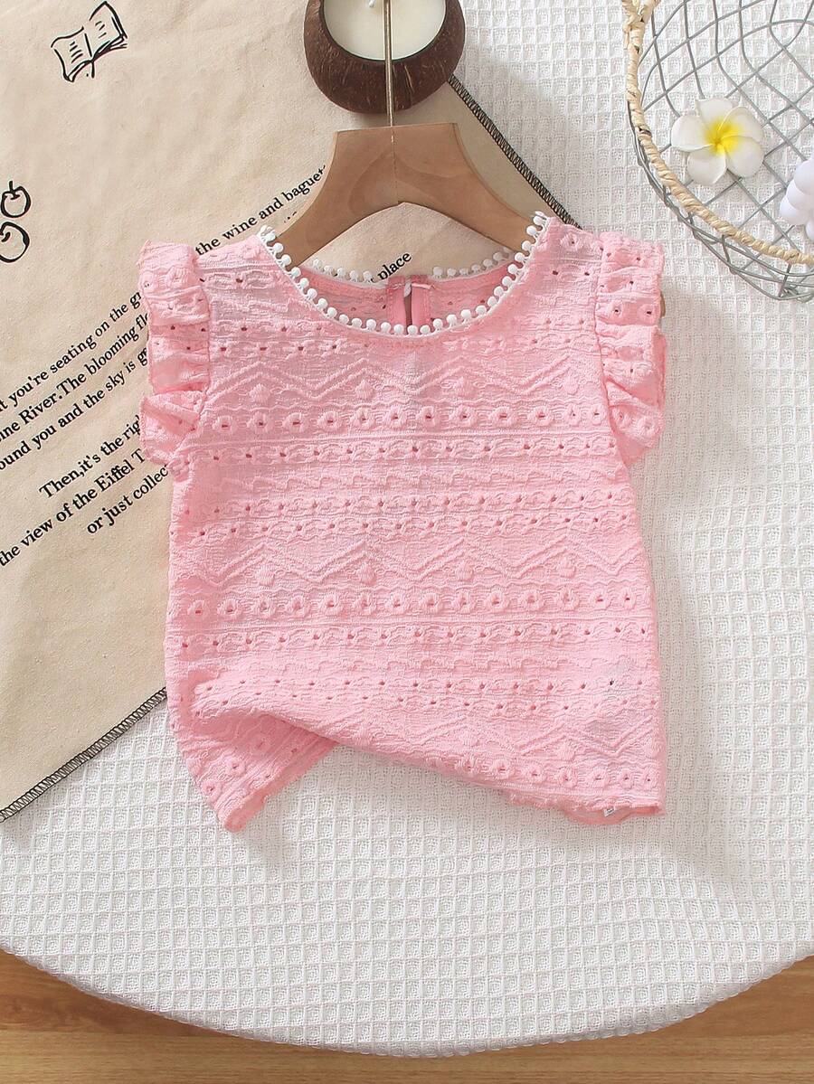 Souflis Souflis Cute Toddler Girl Pink Polyester Regular Length Top With Ruffle Short Sleeves And Plain Round Neck - Pink - View 1