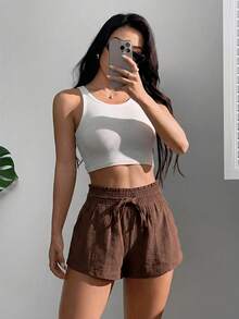 SHEIN EZwear 2026夏季女士休闲纯棕色抽绳腰侧口袋短裤 - 棕色 - 查看 6