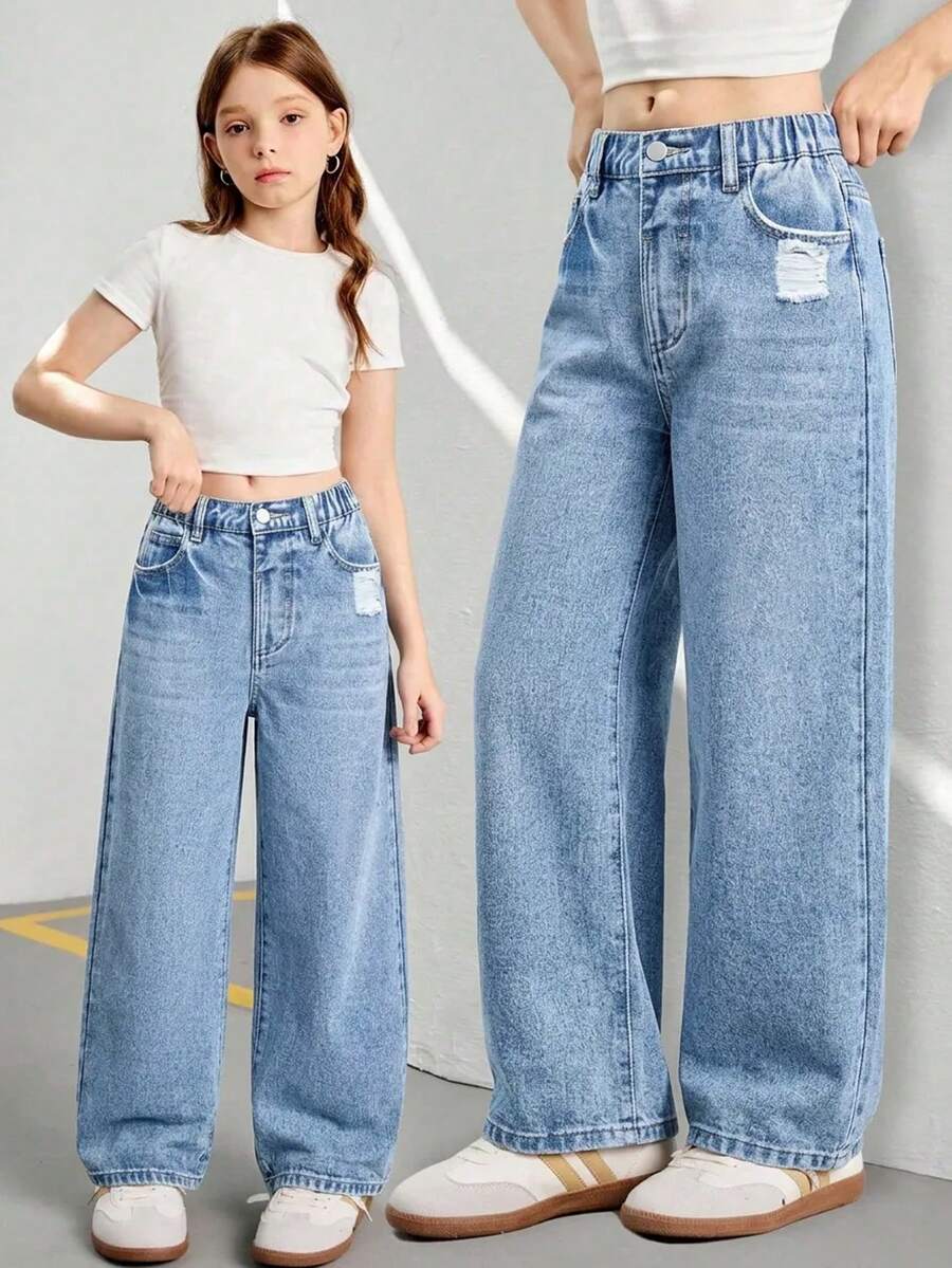 SHEIN ChillGRL 少女牛仔裤，适合春、夏、秋、冬四季穿着，浅蓝色牛仔布，Y2K风格，3D立体花卉刺绣，宽松阔腿版型，舒适棉质牛仔面料，适合日常穿着、上学和通勤。
