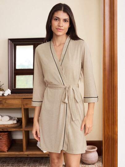 Doze Lane Women's Khaki Tie-Up Design Black Stripe Decor Soft Draping Knit Robe, Casual Loungewear Sleepwear
