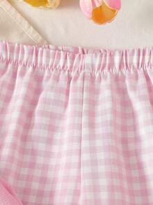 SHEIN Bộ đồ 2 món cho bé gái gồm áo hai dây màu hồng dễ thương và quần ống rộng kẻ caro trắng hồng điểm nhấn nơ, thích hợp cho các hoạt động mùa hè. - Hồng - Xem 8