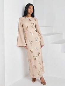 女士印花圆领优雅长袖阿拉伯连衣裙 - 卡其色 - 查看 8