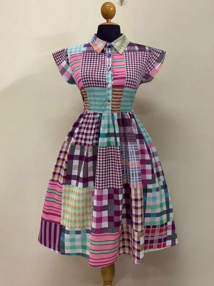 Sunspun Plaid Patchwork Casual Bodycon Dress - Purple - View 1