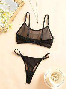 SHEIN 2 件套透明网眼胸罩和内裤套装，性感透明内衣套装，适合大胸围 - 黑色 - 查看 4