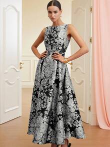 Aveloria Revavyn Đầm không tay kiểu dáng cổ điển sang trọng, chất liệu jacquard họa tiết hoa, thắt eo, phong cách cung điện xưa dành cho phụ nữ. - Xám - Xem 1