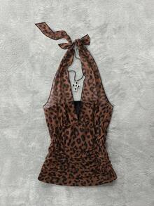 Glimmora 女士豹纹极简日常穿搭露背吊带背心 - 棕色 - 查看 3