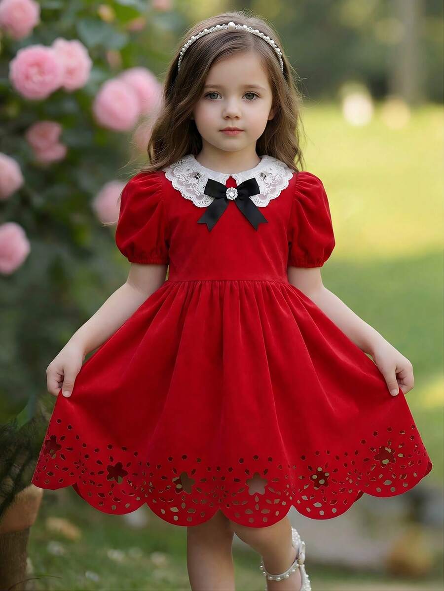 SHEIN Young Girl Red Elegant Beaded Square Collar Gigot Sleeve Princess Frill Hem Solid Satin Dress,Suitable For Summer Party Weddings Birthdays Gatherings - Red - View 1
