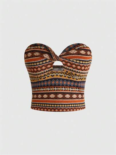 ROMWE Women's Retro Hippie Totem Jacquard Twist Design Bandeau Top