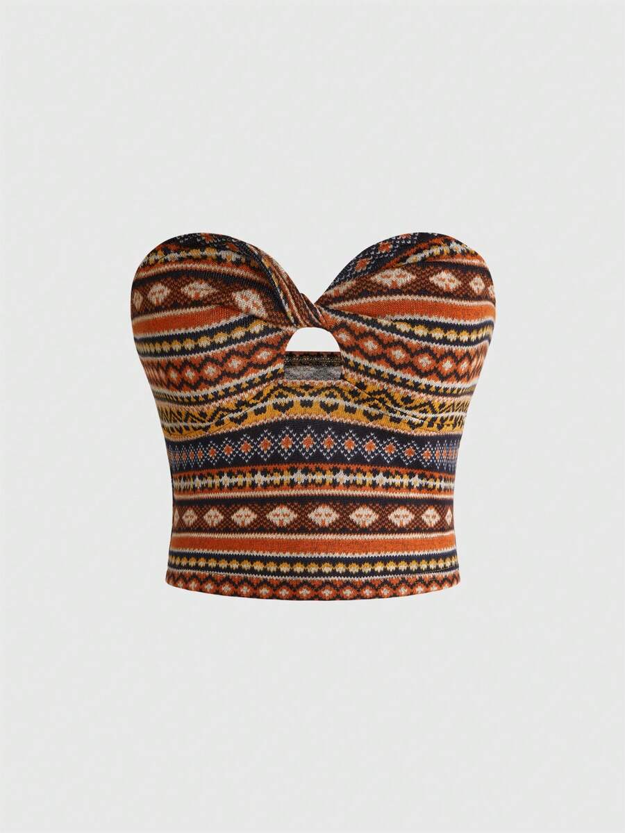 ROMWE Women's Retro Hippie Totem Jacquard Twist Design Bandeau Top - Black - View 1