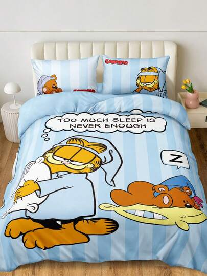 GARFIELD | SHEIN Juego de 3 piezas de pijama a rayas con estampado de , funda de edredón, material suavizado, suave y cálido, múltiples tamaños, apto para cama individual/cama doble/cama queen/cama king, lavable a máquina